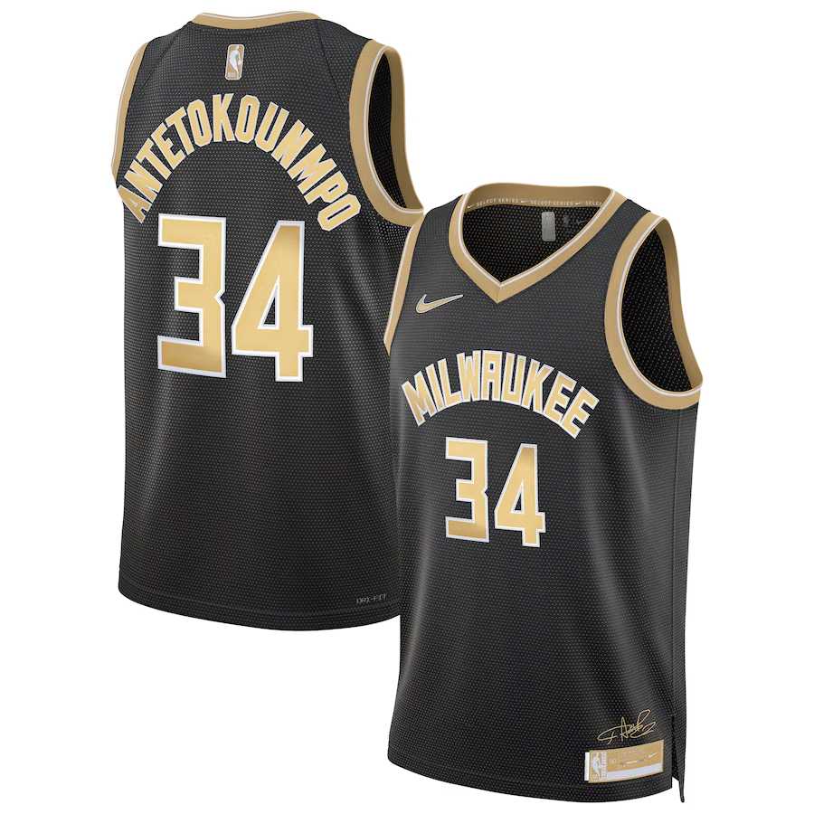 Mens Milwaukee Bucks #34 Giannis Antetokounmpo Black Gold 2024 Select Series Stitched Jersey Dzhi